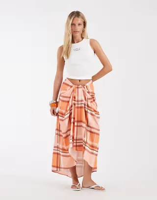 ASOS DESIGN midaxi wrap skirt in orange plaid