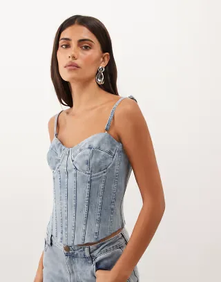 Oh Polly denim lace up corset in light blue wash -set
