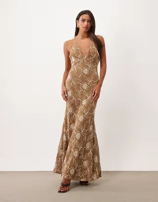 ASOS DESIGN embroidered crochet maxi dress with cut outs in brown