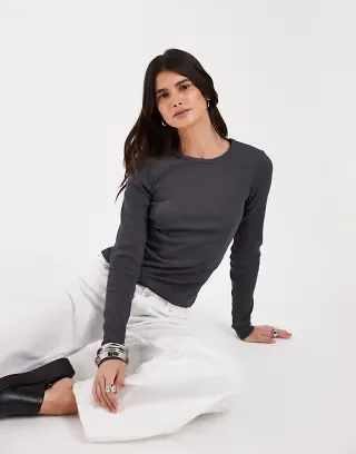 JJXX long sleeve ribbed top in dark gray