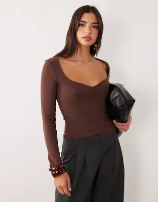 ASOS DESIGN compact cotton long sleeve top with curved neckline in chocolate