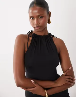 ASOS DESIGN slinky ruched neckline tie shoulder sleeveless top in black