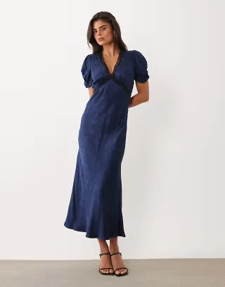 Nobody's Child Nicolette satin plunge neck lace detail cap sleeve slip dress in navy