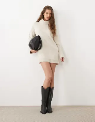 Brave Soul knit turtleneck mini dress in oatmeal