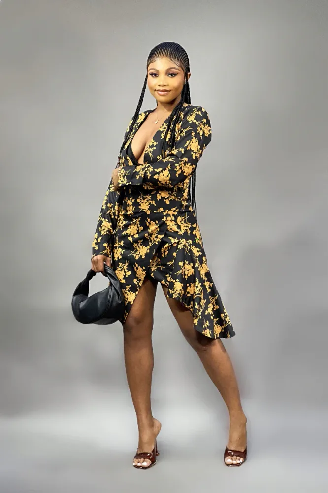 V-NECK LONGSLEEVE SIDE FRILL DRESS