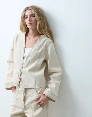 Object tie front denim jacket set in beige with contrast stitch
