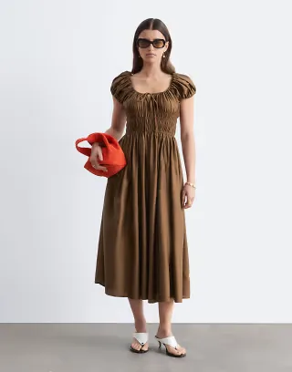 & Other Stories pure cotton short sleeve scoop neck midi dress in brown