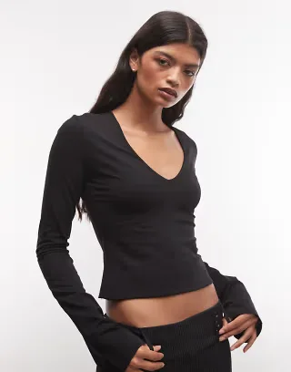 Weekday v neck long sleeve top in black