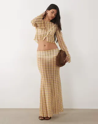 ASOS DESIGN printed mesh maxi skirt in yellow plaid - part of a set