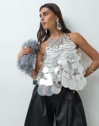 ARRANGE mirror disc sequin trapeze halter top in silver