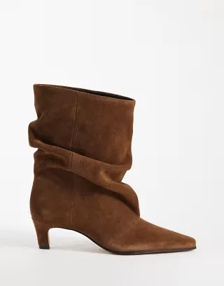 Steve Madden Vexa kitten heeled ruched mid-ankle boots in dark brown suede