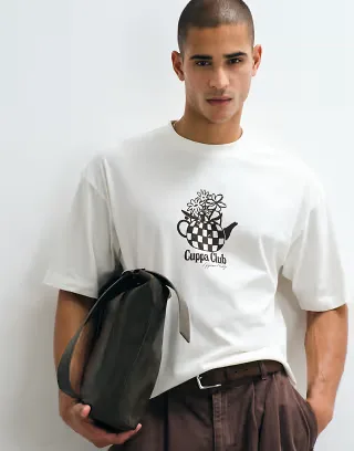ASOS DESIGN boxy oversized T-shirt with floral tea pot graphic in cream