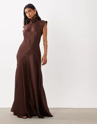 ASOS DESIGN satin maxi dress with godets in chocolate brown
