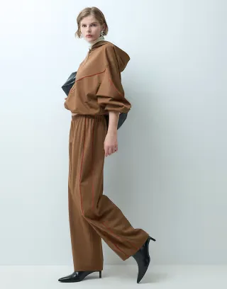 ASOS DESIGN stripe detail barrel leg track pant set in camel
