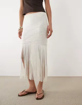 ASOS DESIGN crochet knit maxi fringe skirt