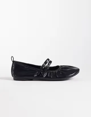 London Rebel Wide Fit Mia strappy ruched ballet flats in black