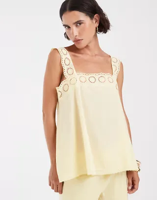 ASOS DESIGN lace trim cotton babydoll top in buttermilk - part of a set
