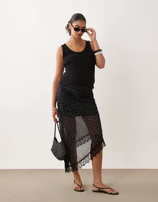 Mamalicious Maternity asymmetric lace trim satin skirt in black and white polka dots