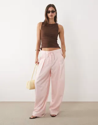 ASOS DESIGN linen look drawstring waist barrel pants in pink - part of a set