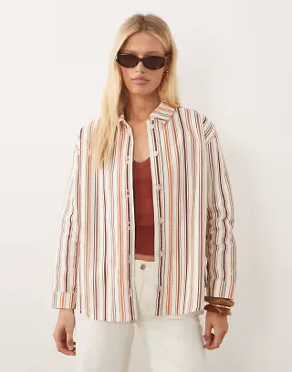 ASOS DESIGN oversized denim shirt in neutral striped print