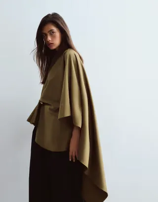 ARRANGE satin drape top with hardware detail in olive