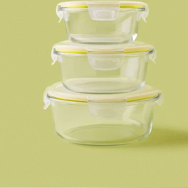 Noon East 3 Piece Borosilicate Glass Food Container Set - Airtight Lids - Lunch Box - Round - Food Storage Box - Storage