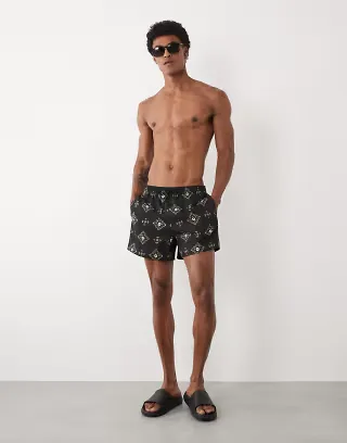 Abercrombie & Fitch 5inch tile print swim shorts in black
