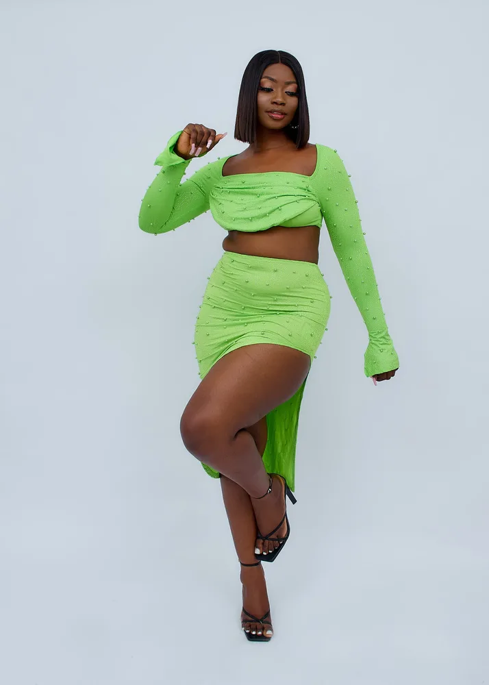 BEADED RUCHED STRAP CROP TOP AND SLIT SKIRT