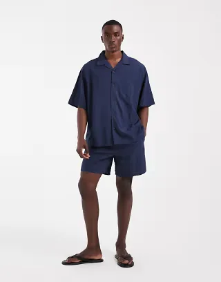 ASOS DESIGN oversized revere seersucker shirt in navy - part of a set
