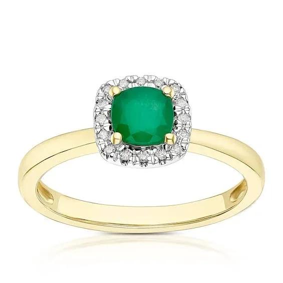 Engagement Ring 9ct Yellow Gold Diamond & Emerald Cushion Ring
