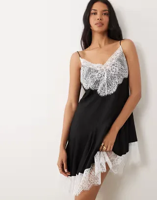 ASOS DESIGN slip lace trim mini dress with asymmetric hem in white