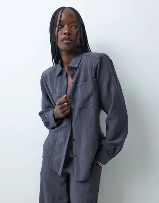 4th & Reckless nylon cinch waist detail fitted shirt in charcoal - part of a set