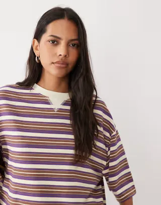 ASOS DESIGN striped t-shirt with contrast neck in lemon and purple