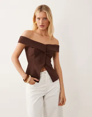 ASOS DESIGN off the shoulder tailored vest in chocolate brown
