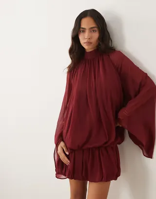 ASOS DESIGN tie neck bubble mini dress in berry