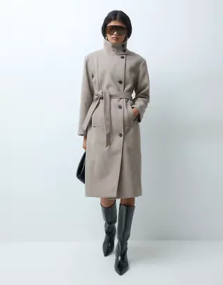 ONLY high neck belted maxi coat in beige