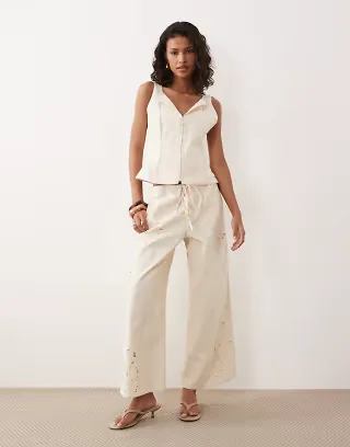 ASOS DESIGN denim embroidered pants in ecru - part of a set
