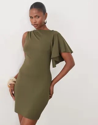 The Frolic exclusive one shoulder ruffle sleeve mini dress in khaki