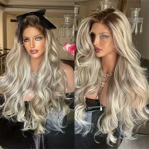 Ombre Blonde With Dark Roots Colored Closure Wig Human Hair Body Wave Ombre Ash Blonde13X4 Lace Frontal Wig Synthetic Fo