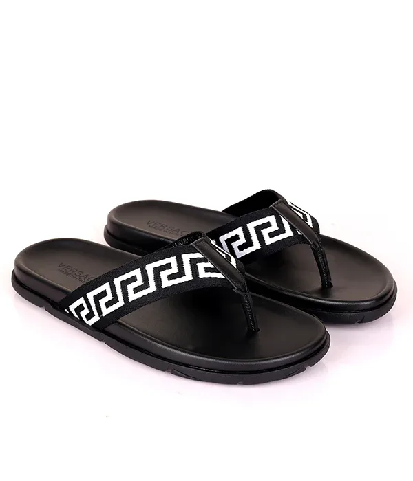 Medusa Greca Patterned Thong Slipper|Black