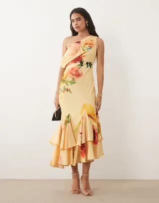 ASOS DESIGN fallen shoulder midaxi dress with asymmetric godet hem in soft floral print