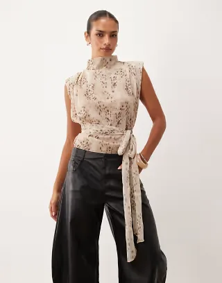 Lioness Penthouse funnel neck structured tie waist top in cream print