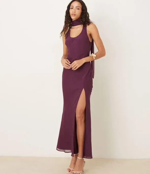 ASOS ASOS DESIGN scoop neck scarf detail midi dress in grape - Grape - UK 18