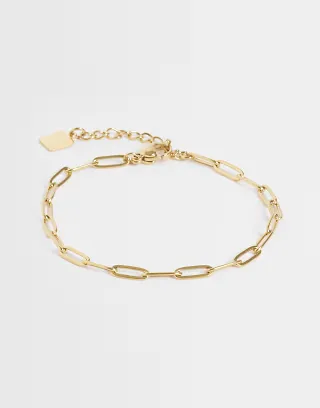 ASOS DESIGN waterproof stainless steel paperchain charm bracelet in gold tone with gift bag