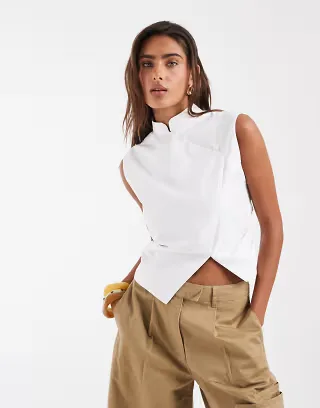 ASOS DESIGN sleeveless mandarin collar shirt in white