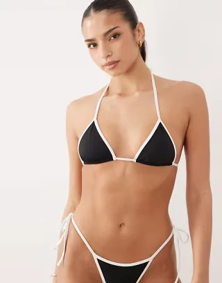 Oh Polly tie side contrast binding micro bikini top in black - part of a set