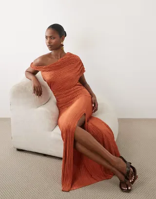 ASOS DESIGN plissé off the shoulder ruched detailing maxi dress in rust