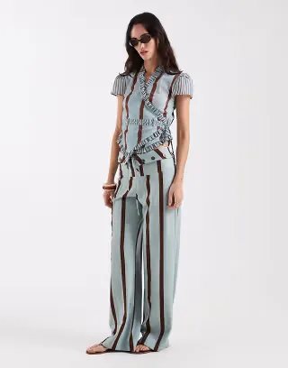 Laagam Atena wrap tie blouse in turquoise and brown stripes