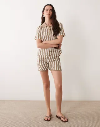 ASOS DESIGN knit crochet polo top in brown striped print - part of a set