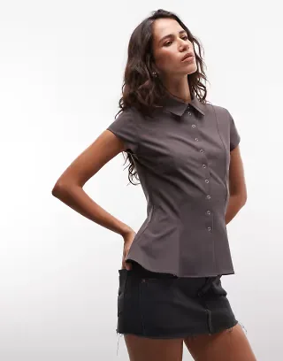Weekday cap sleeve shirt in mole pinstripe